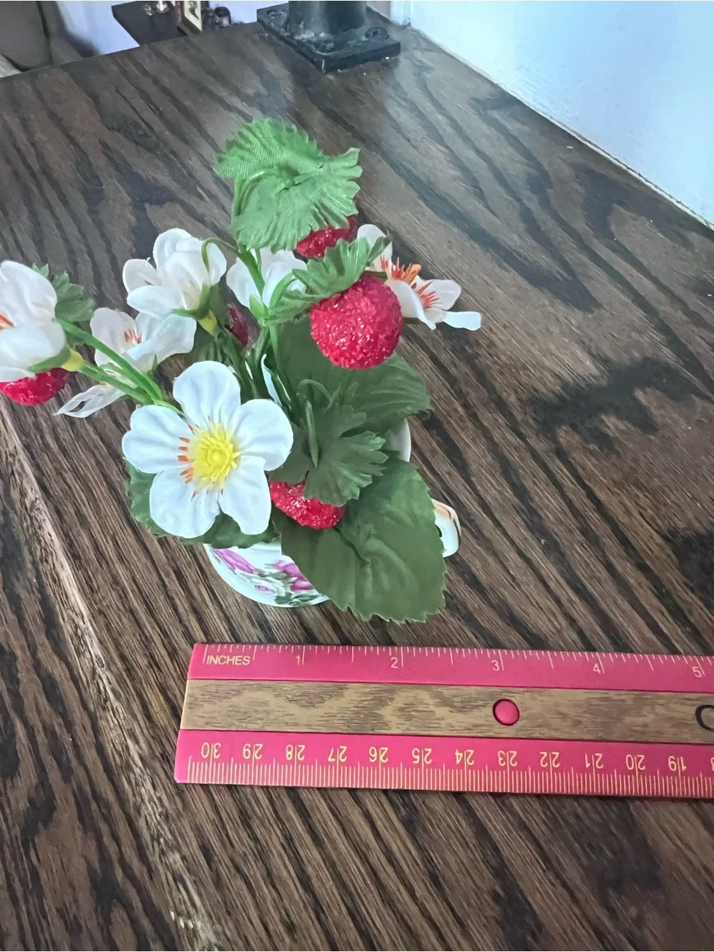 Floral Porcelain Teacup Vase with Red Strawberry Accents Farmhouse Decor